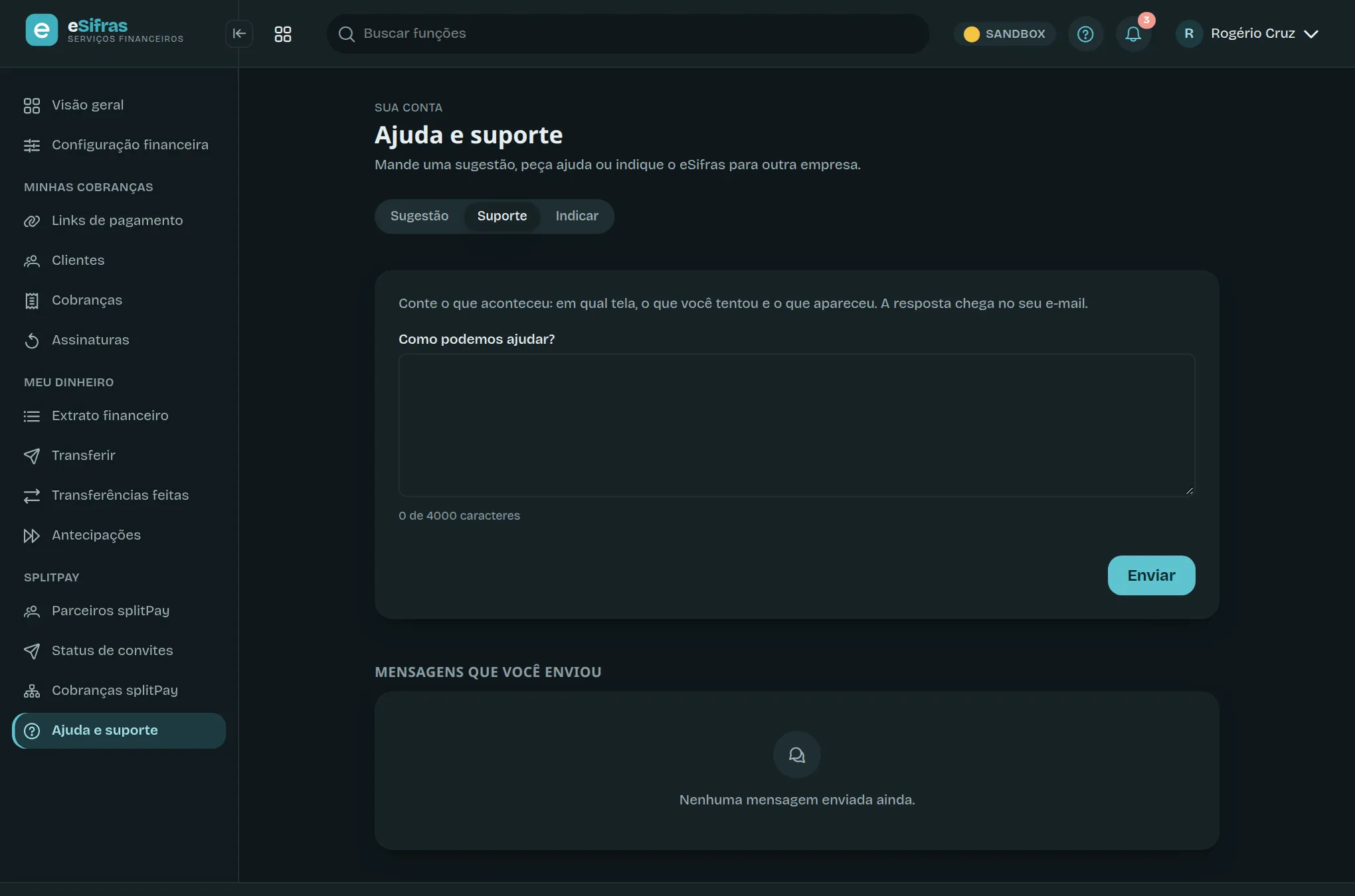 A tela Ajuda e suporte, na aba Suporte