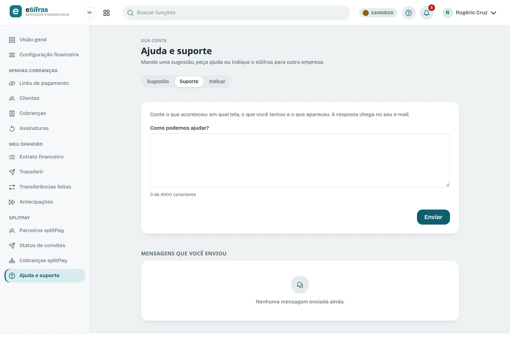 A tela Ajuda e suporte, na aba Suporte