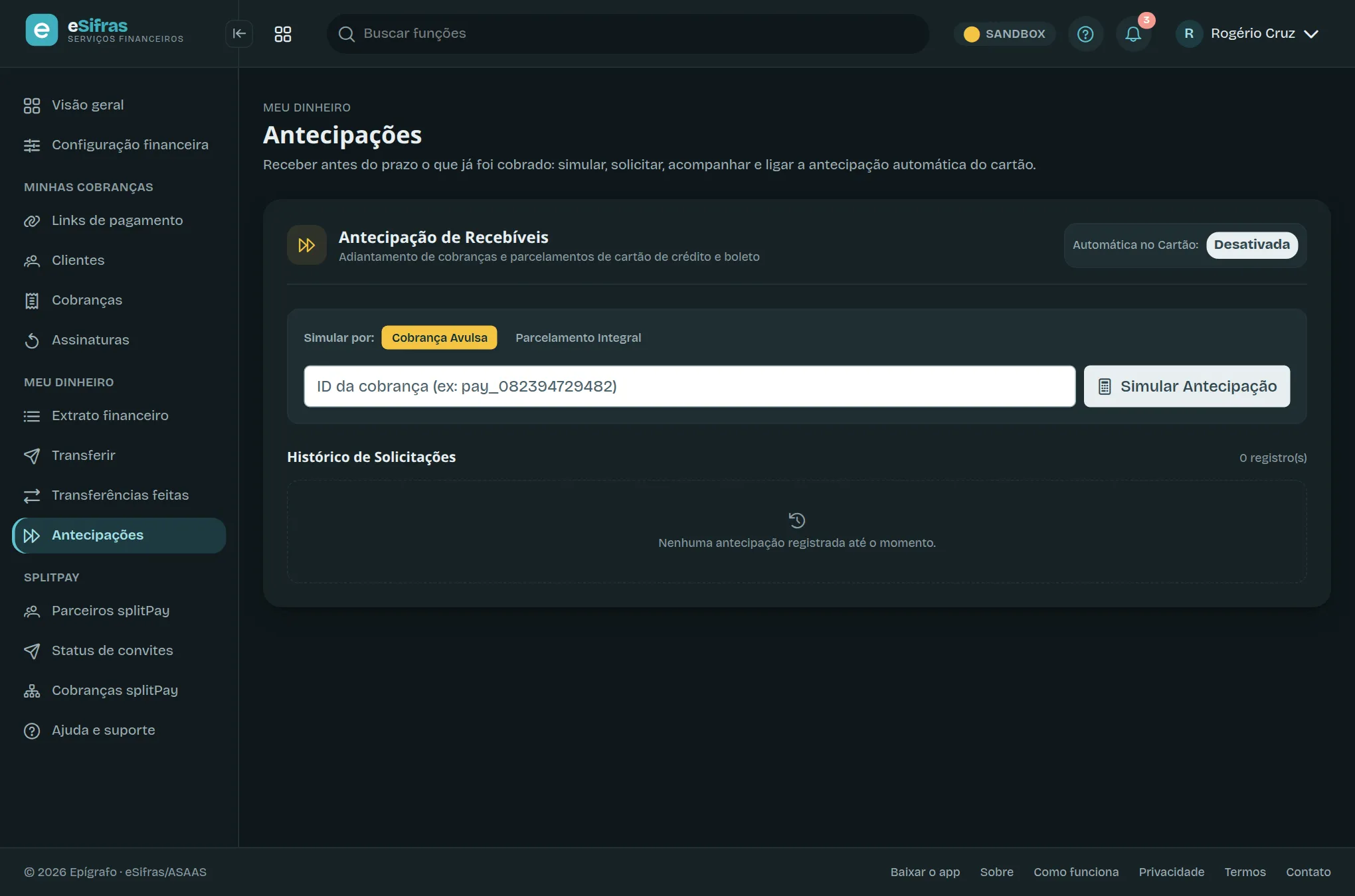 A tela de antecipações