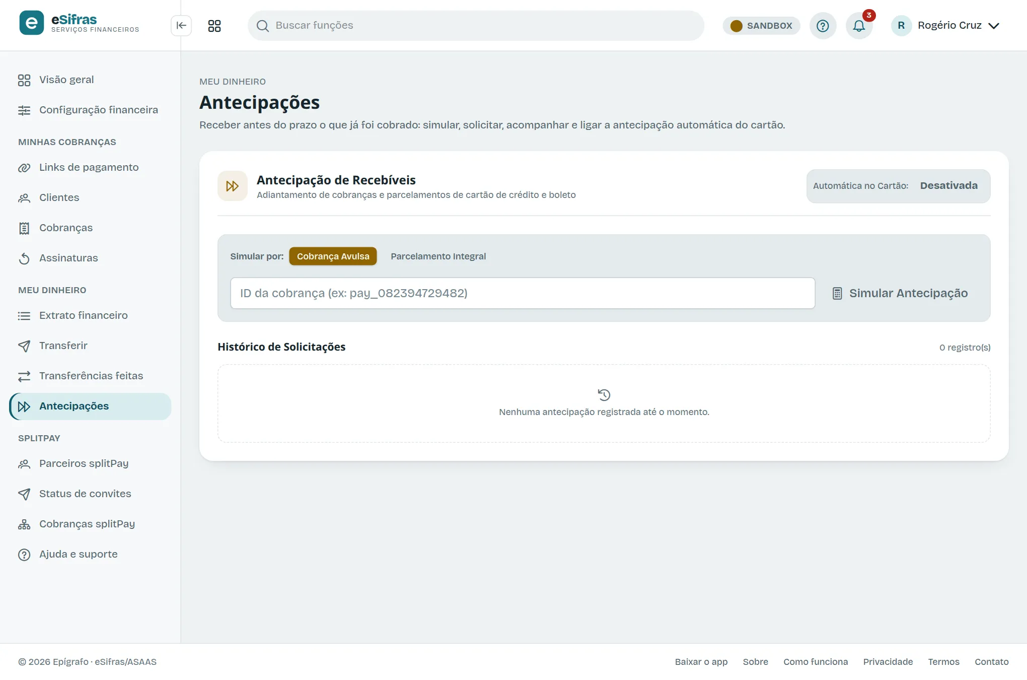 A tela de antecipações