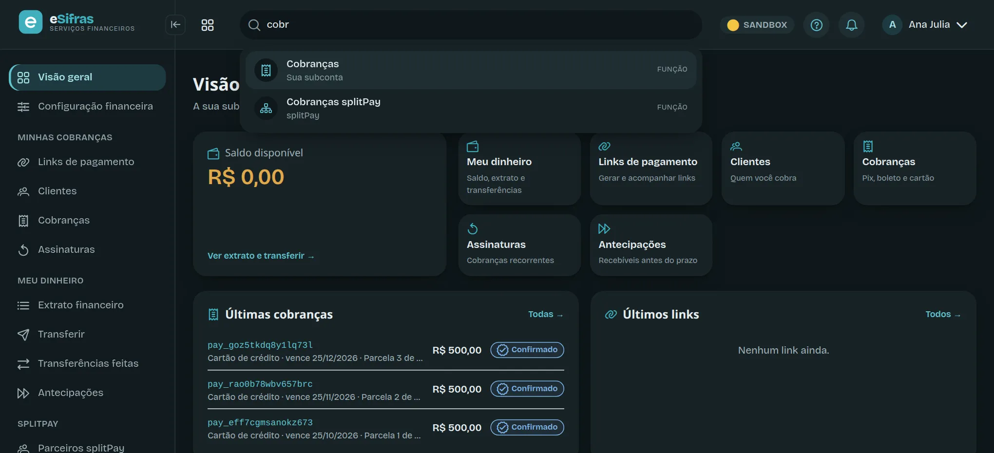 A busca de funções com "cobr" digitado