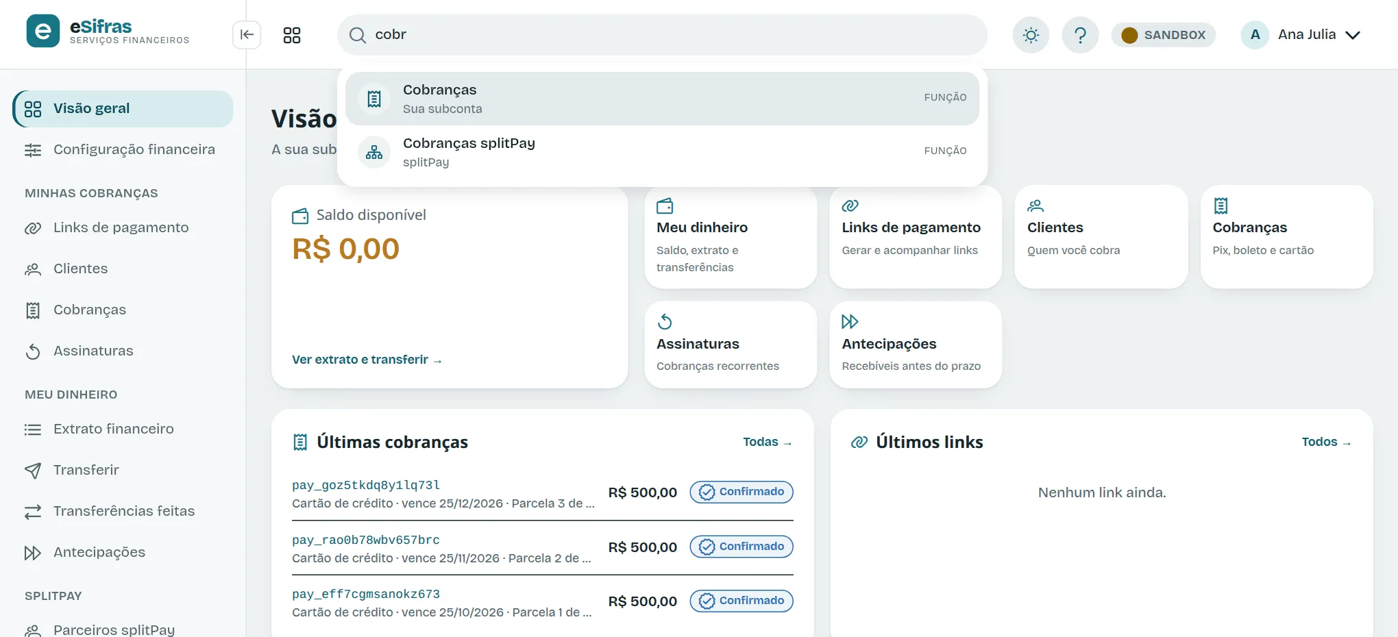 A busca de funções com "cobr" digitado