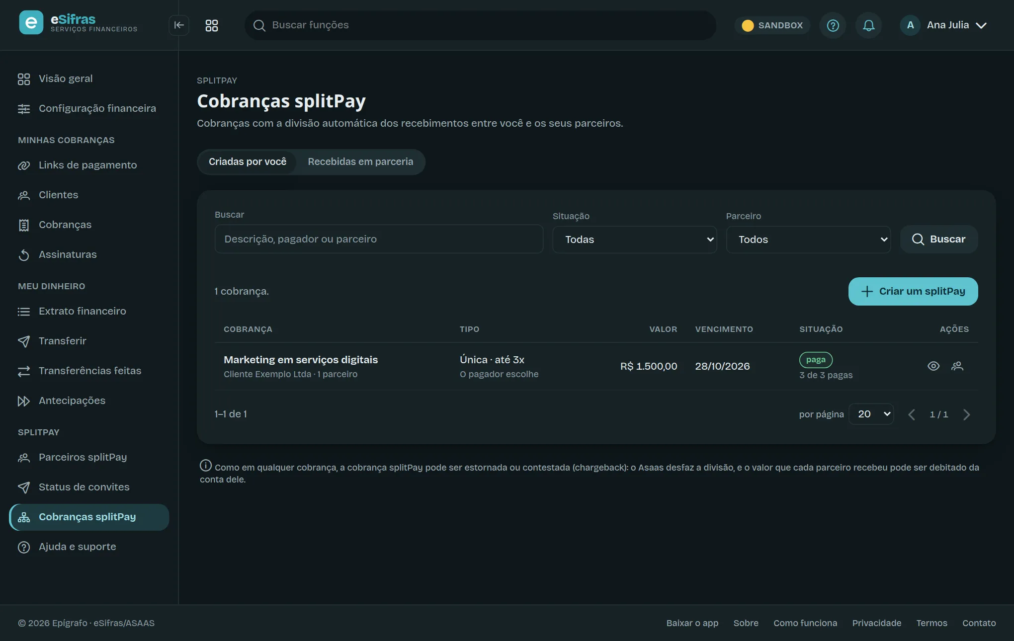 A tela Cobranças splitPay, visão Criadas por você