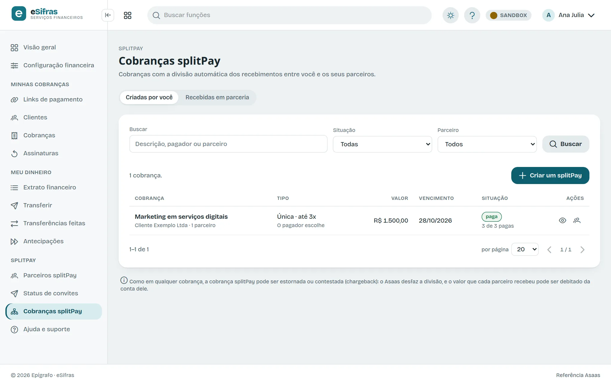 A tela Cobranças splitPay, visão Criadas por você
