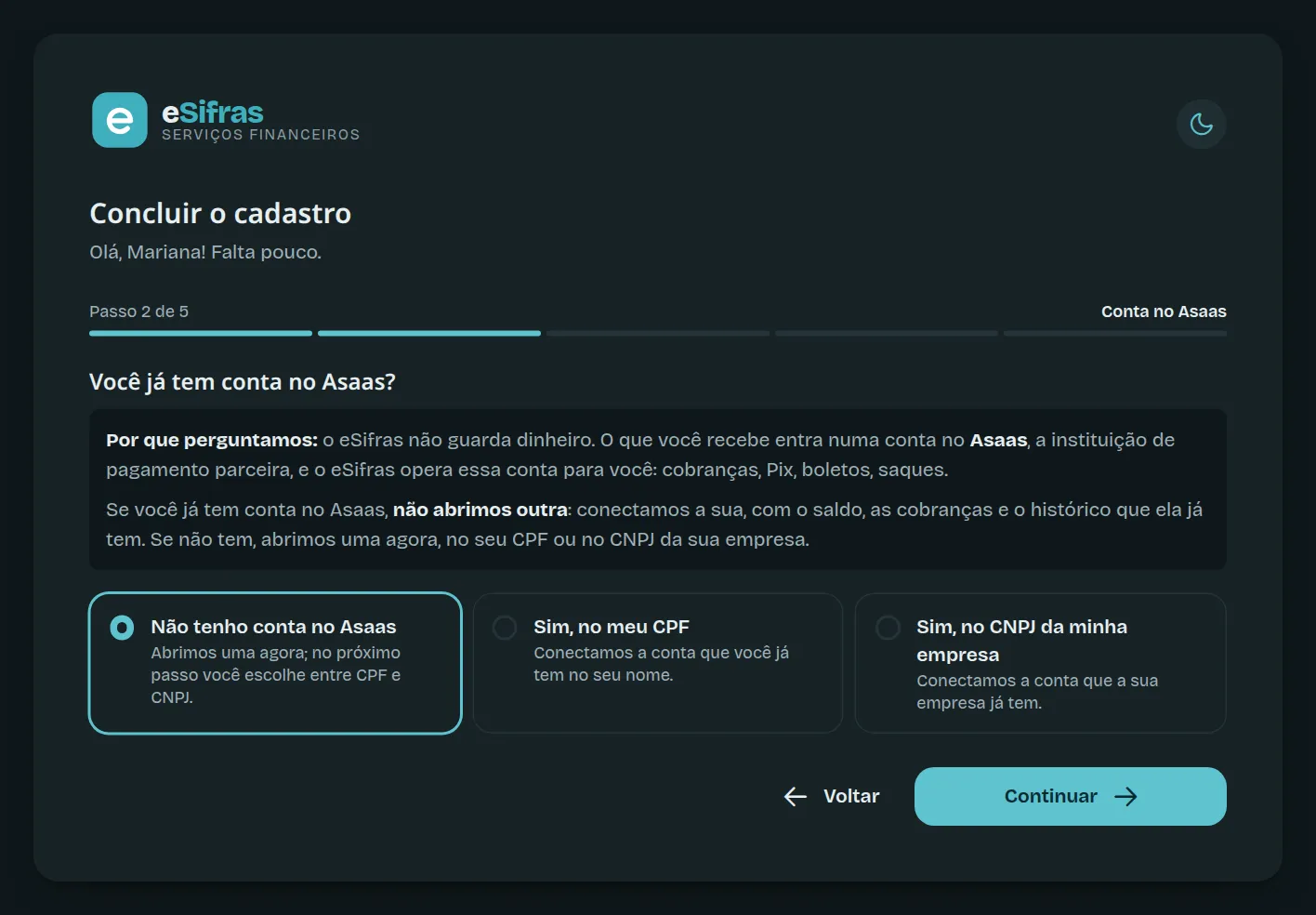 O passo Conta no Asaas