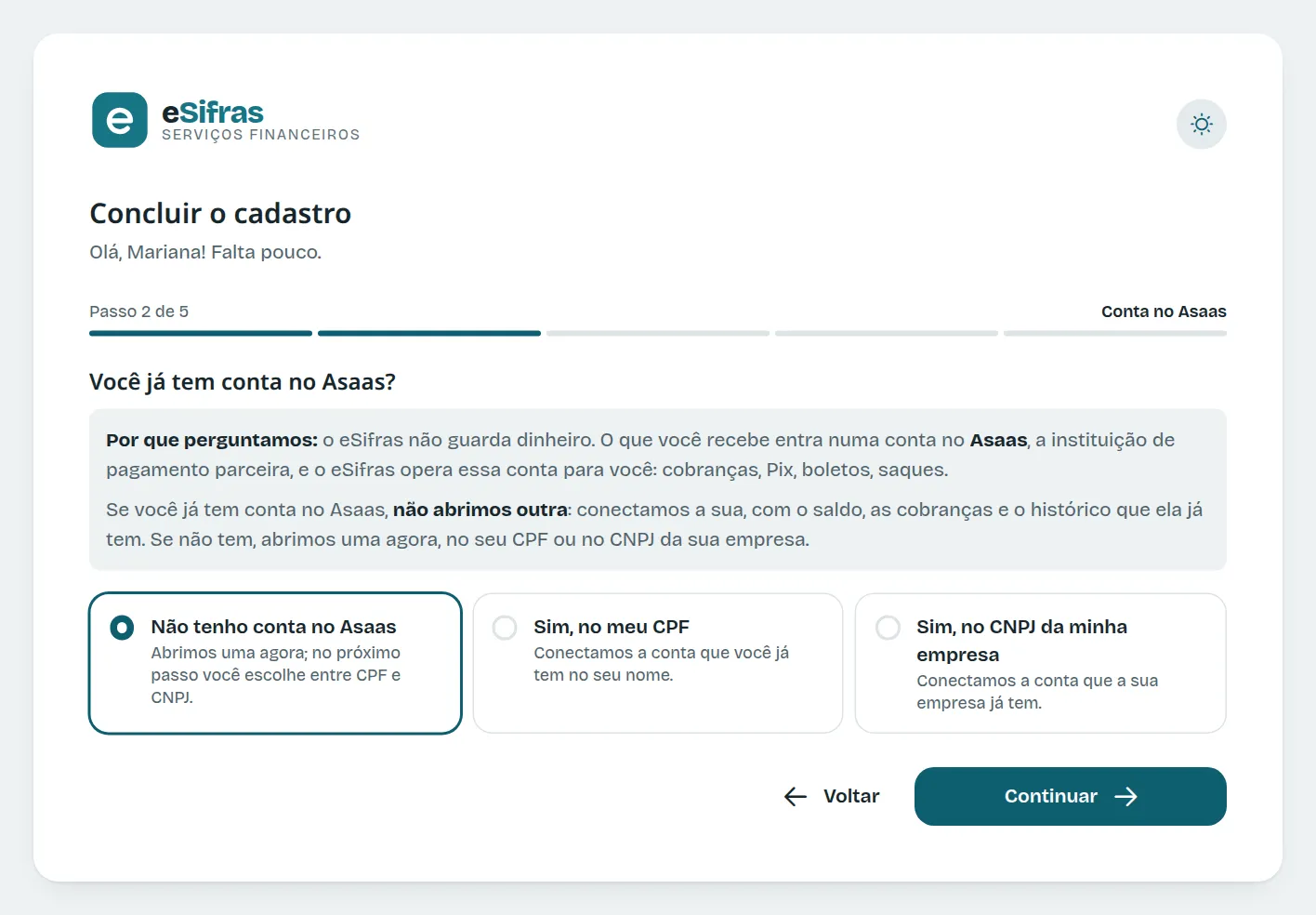 O passo Conta no Asaas