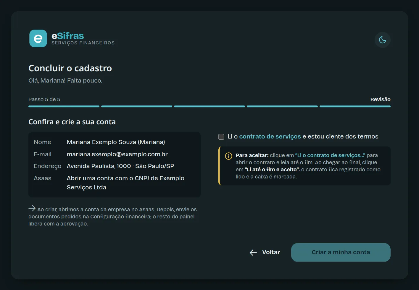 O passo Revisão, com o aceite do contrato