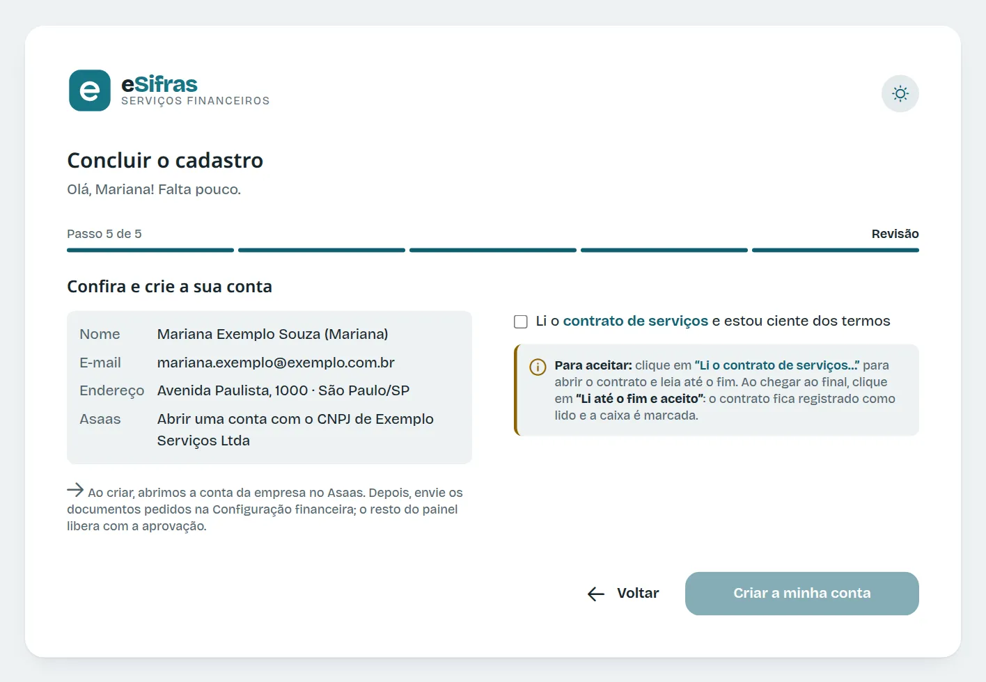 O passo Revisão, com o aceite do contrato