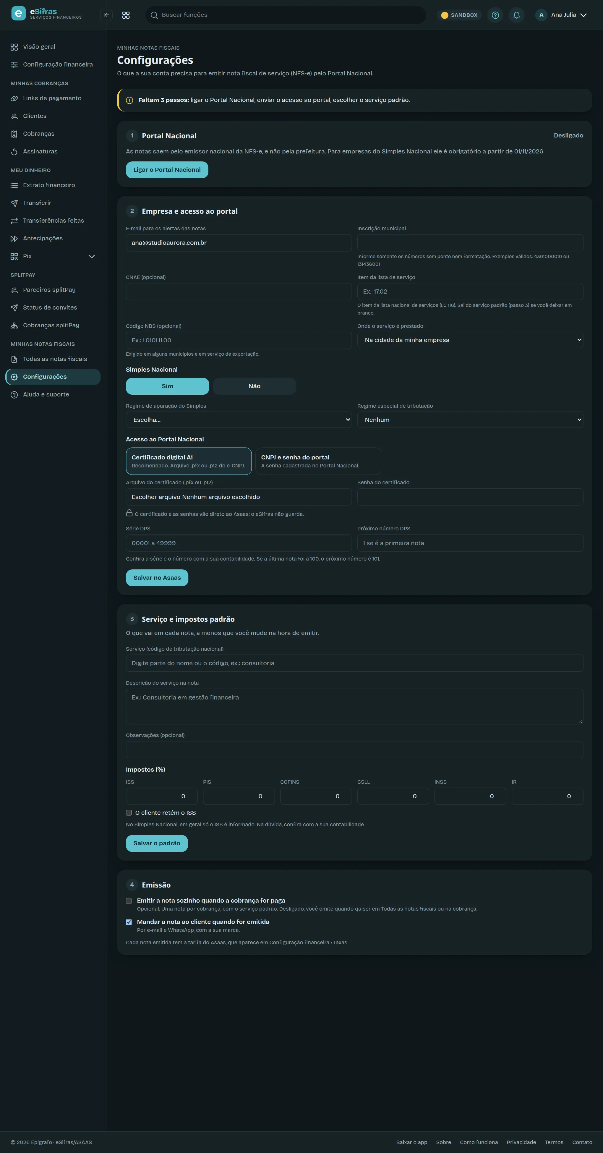 As configurações das notas fiscais