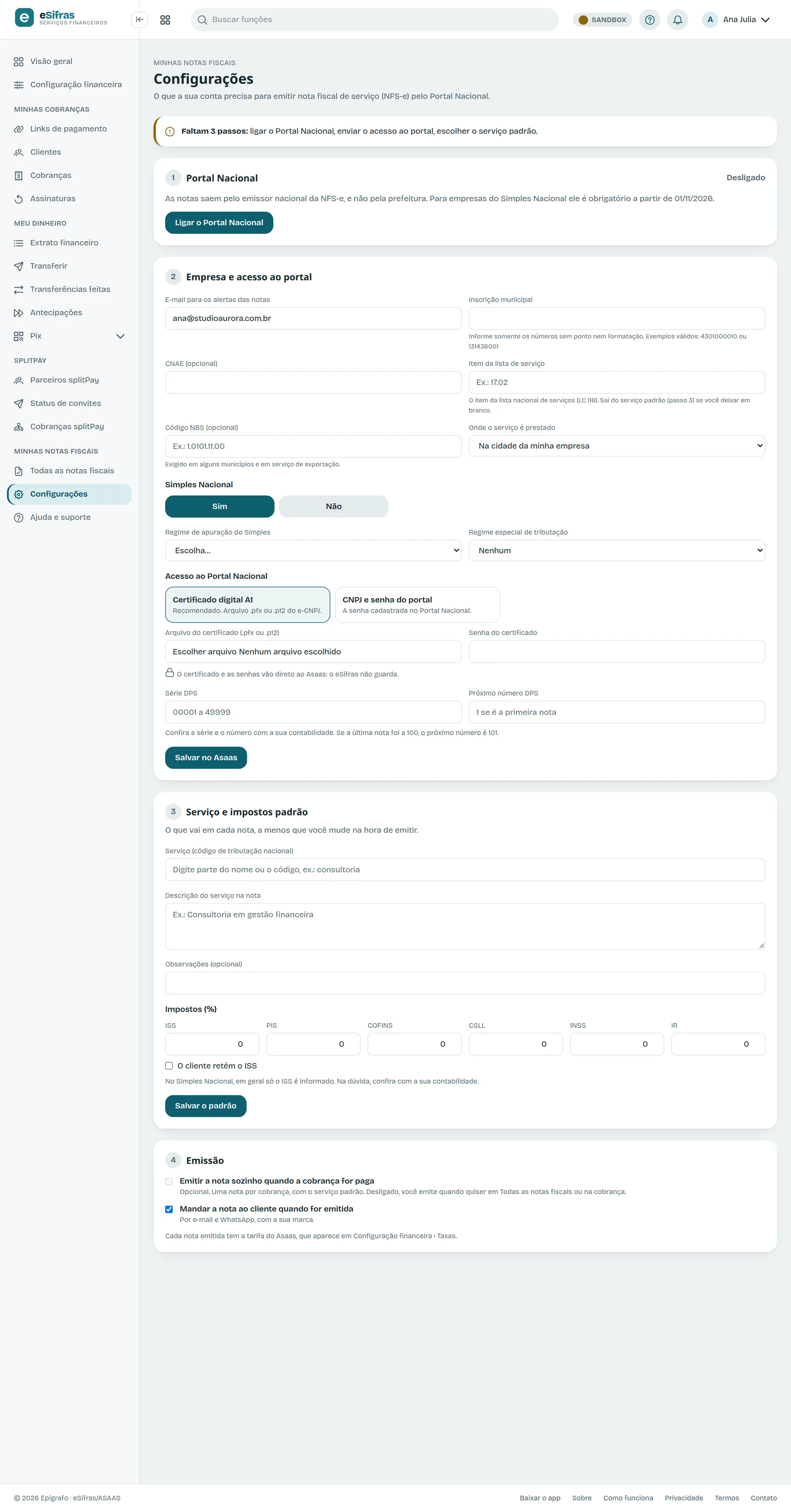 As configurações das notas fiscais
