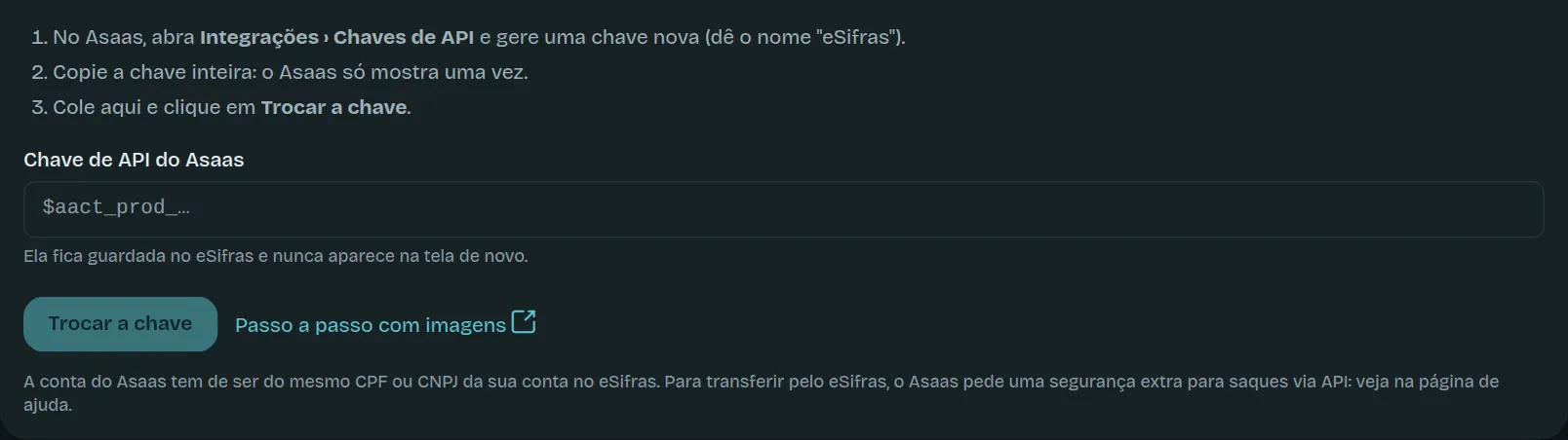 O quadro para colar a chave de API do Asaas
