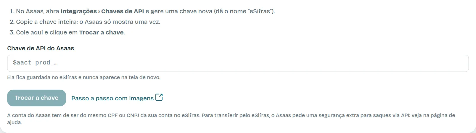 O quadro para colar a chave de API do Asaas