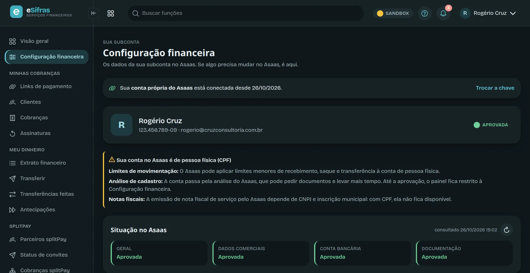 A conta própria do Asaas conectada