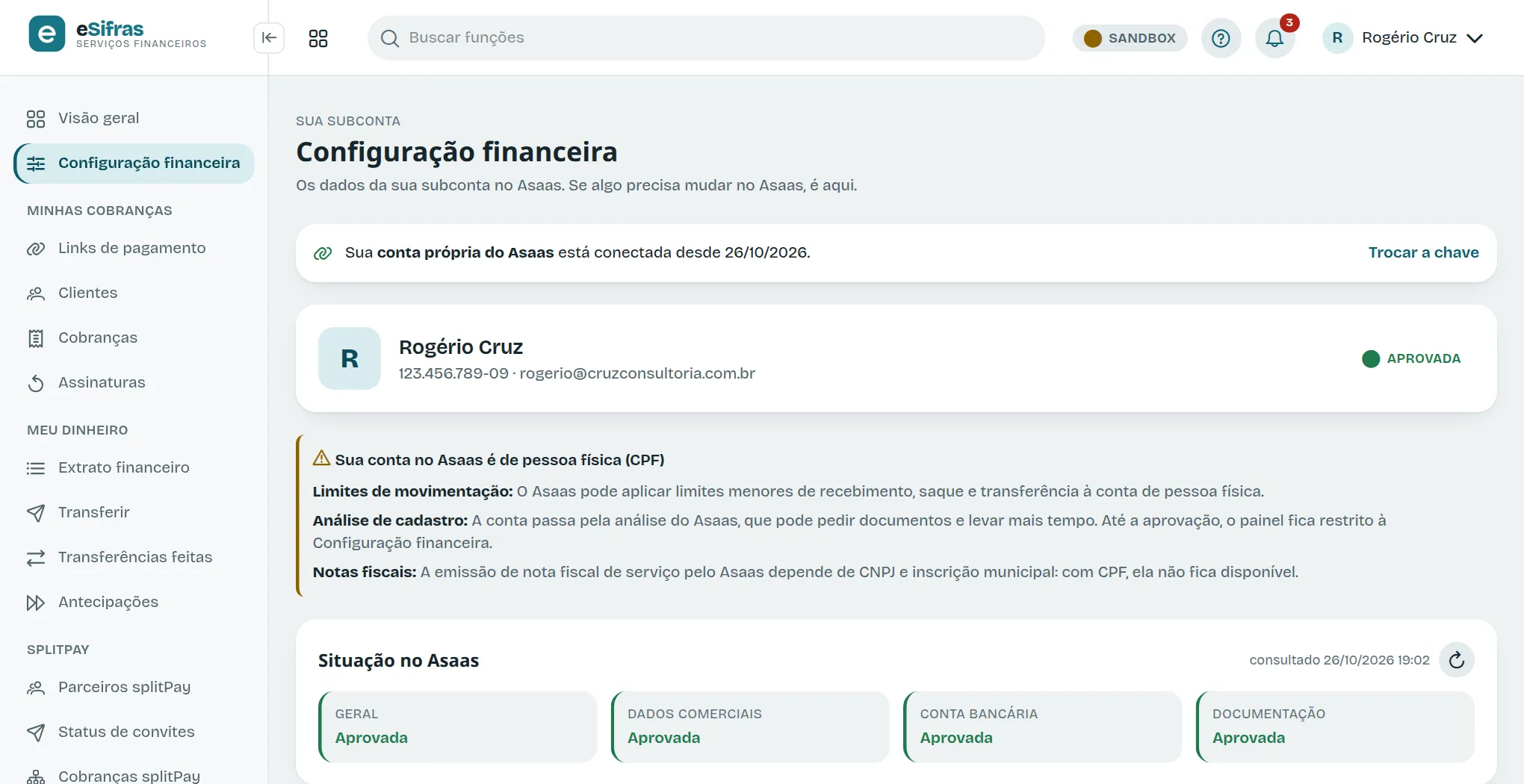 A conta própria do Asaas conectada