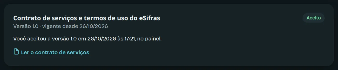 O quadro do contrato, com o aceite registrado