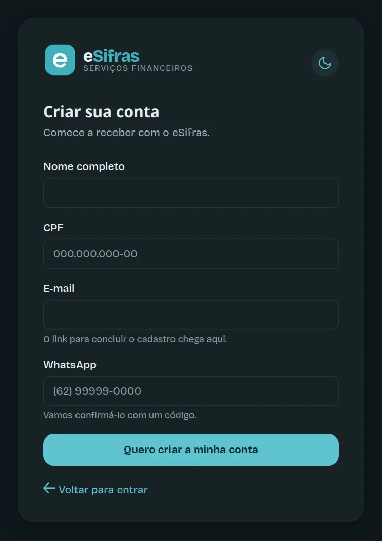 A tela Criar sua conta