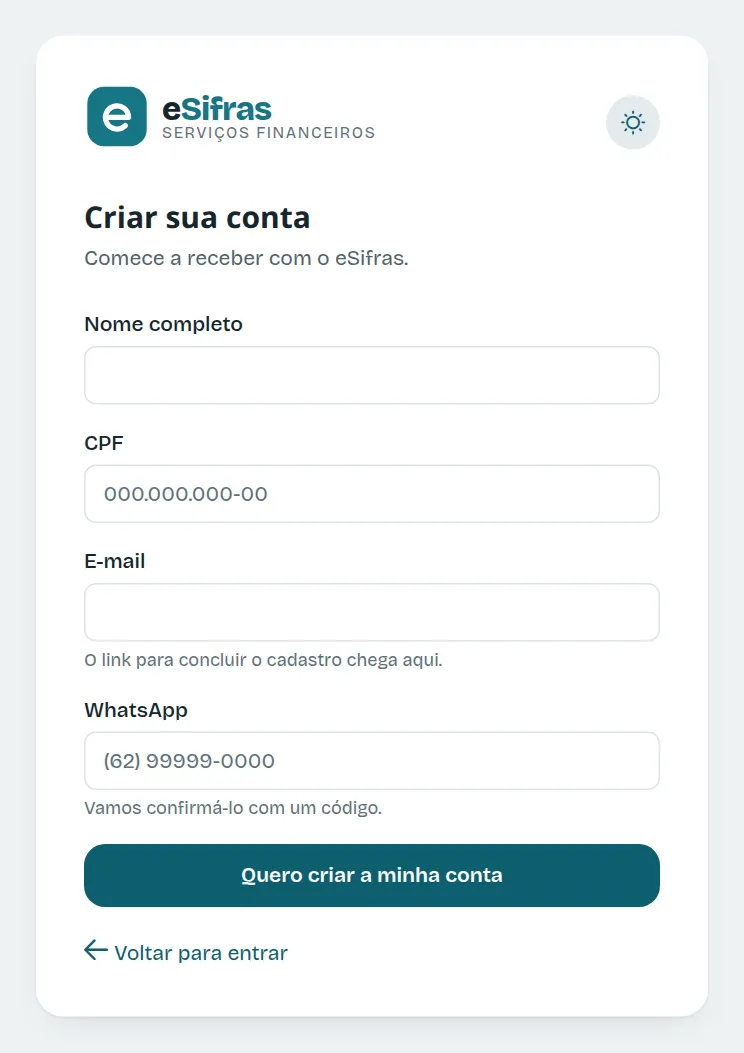 A tela Criar sua conta