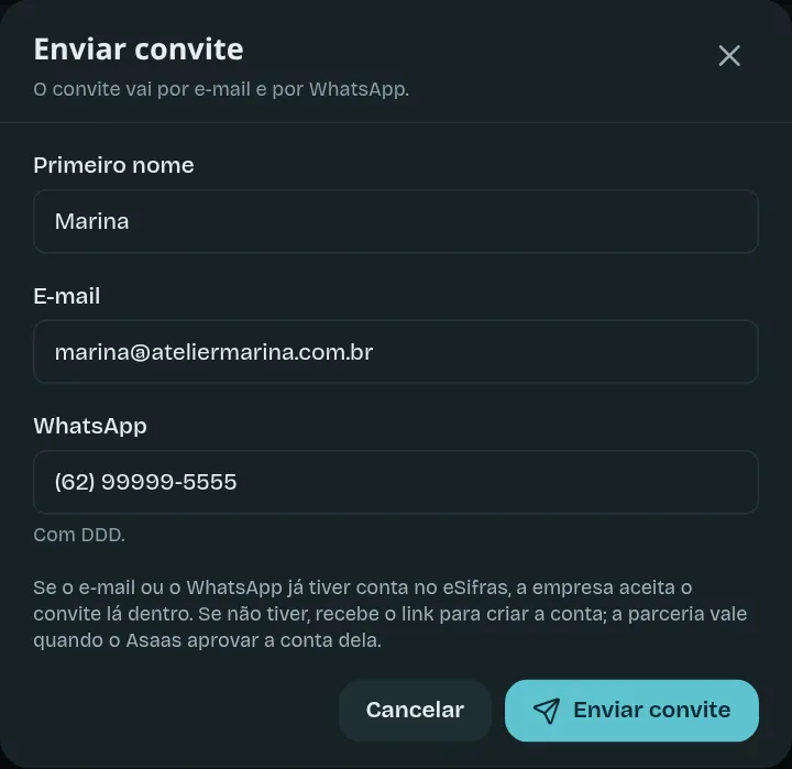 O formulário Enviar convite