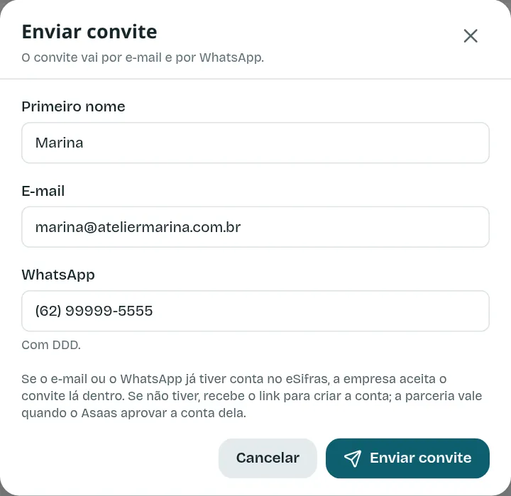 O formulário Enviar convite