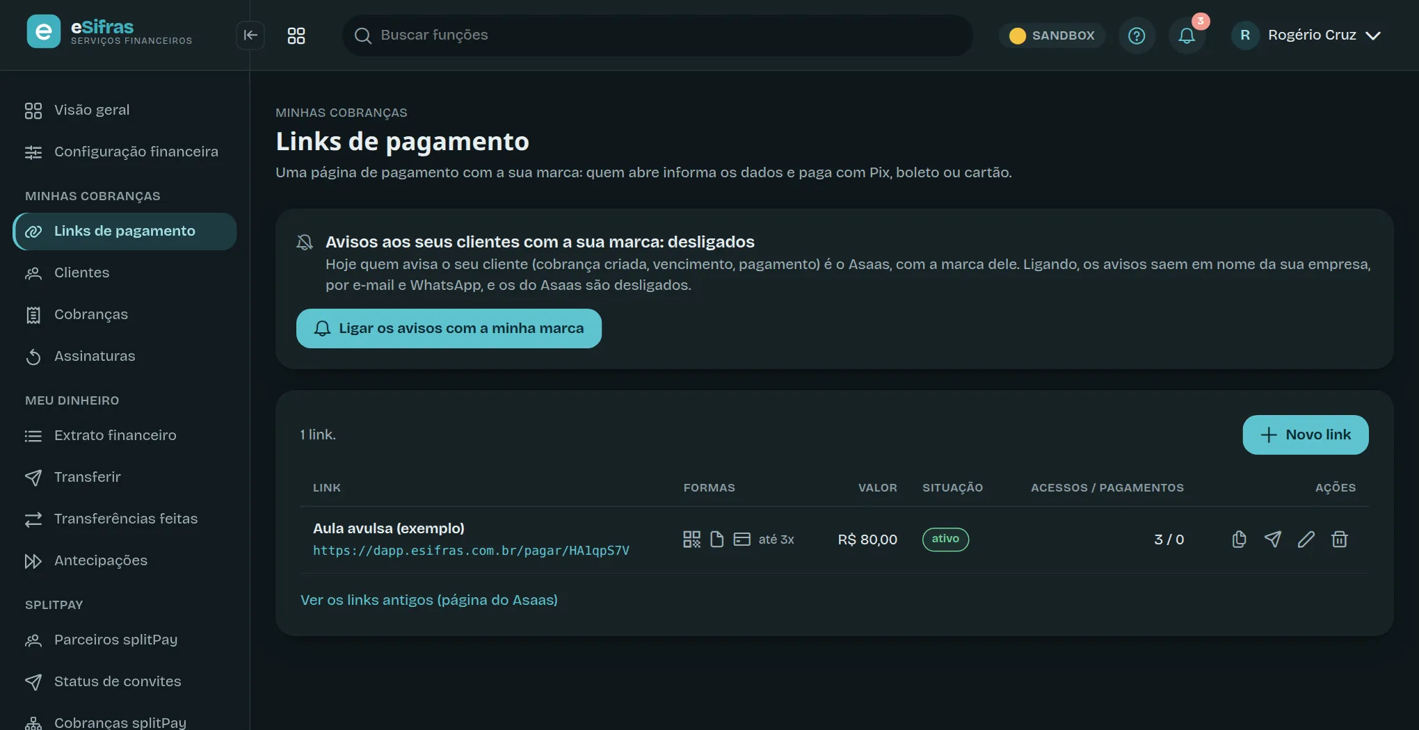 A lista de links de pagamento