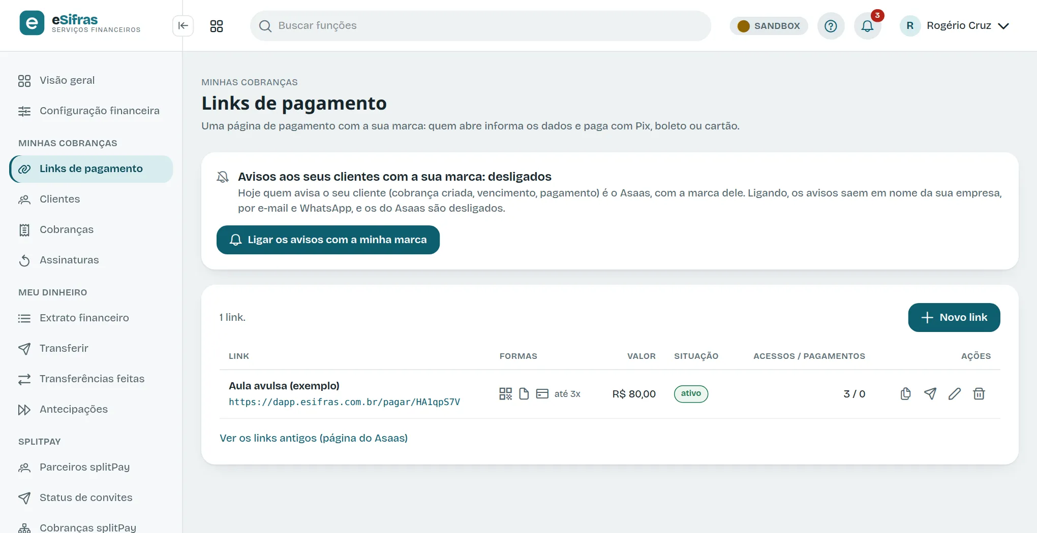 A lista de links de pagamento
