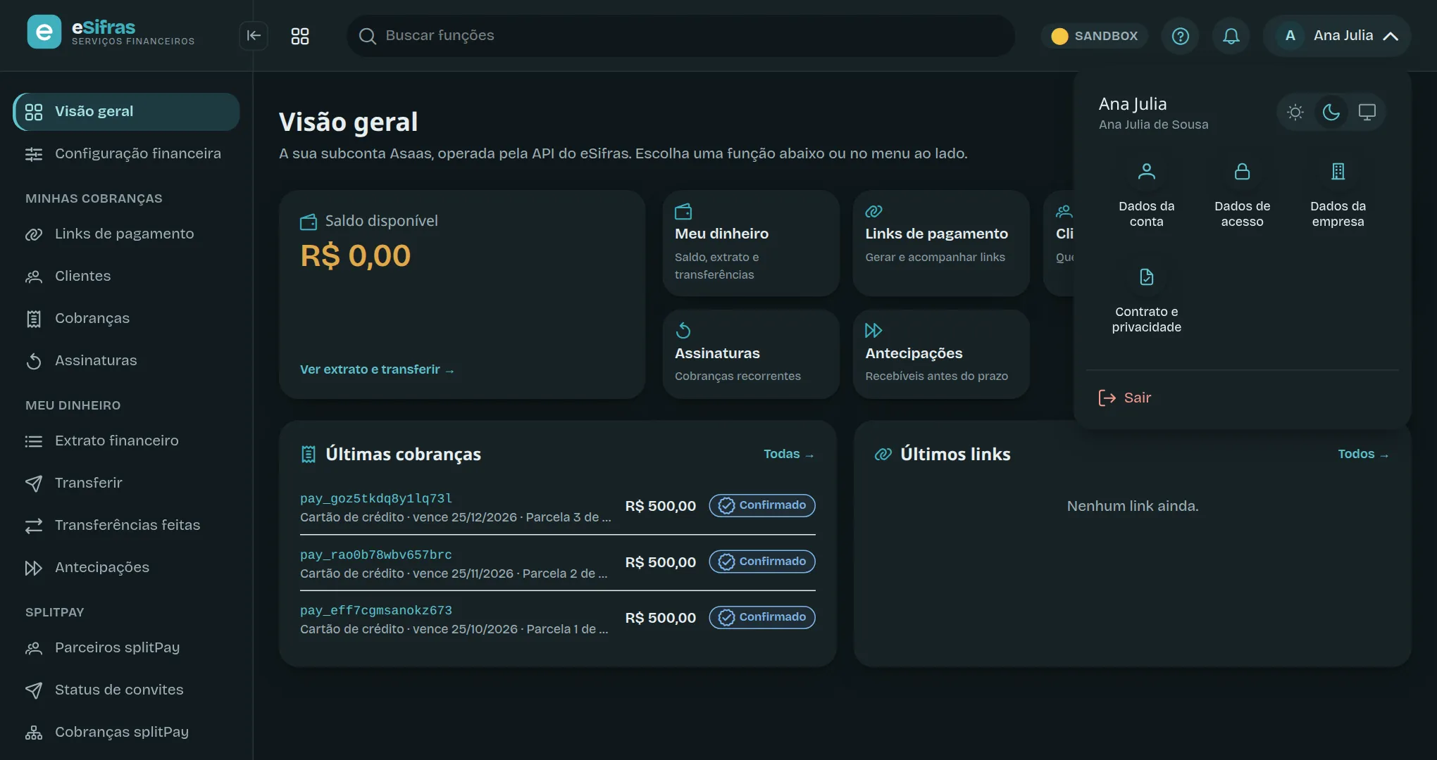 O menu da conta aberto