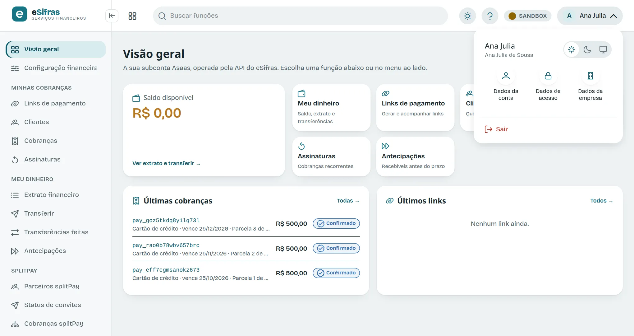 O menu da conta aberto