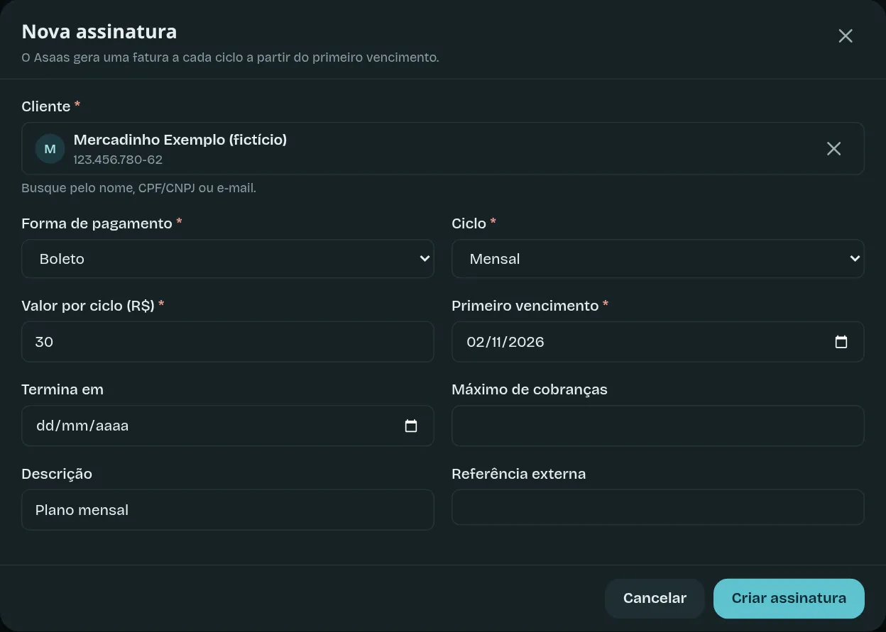 O formulário da nova assinatura