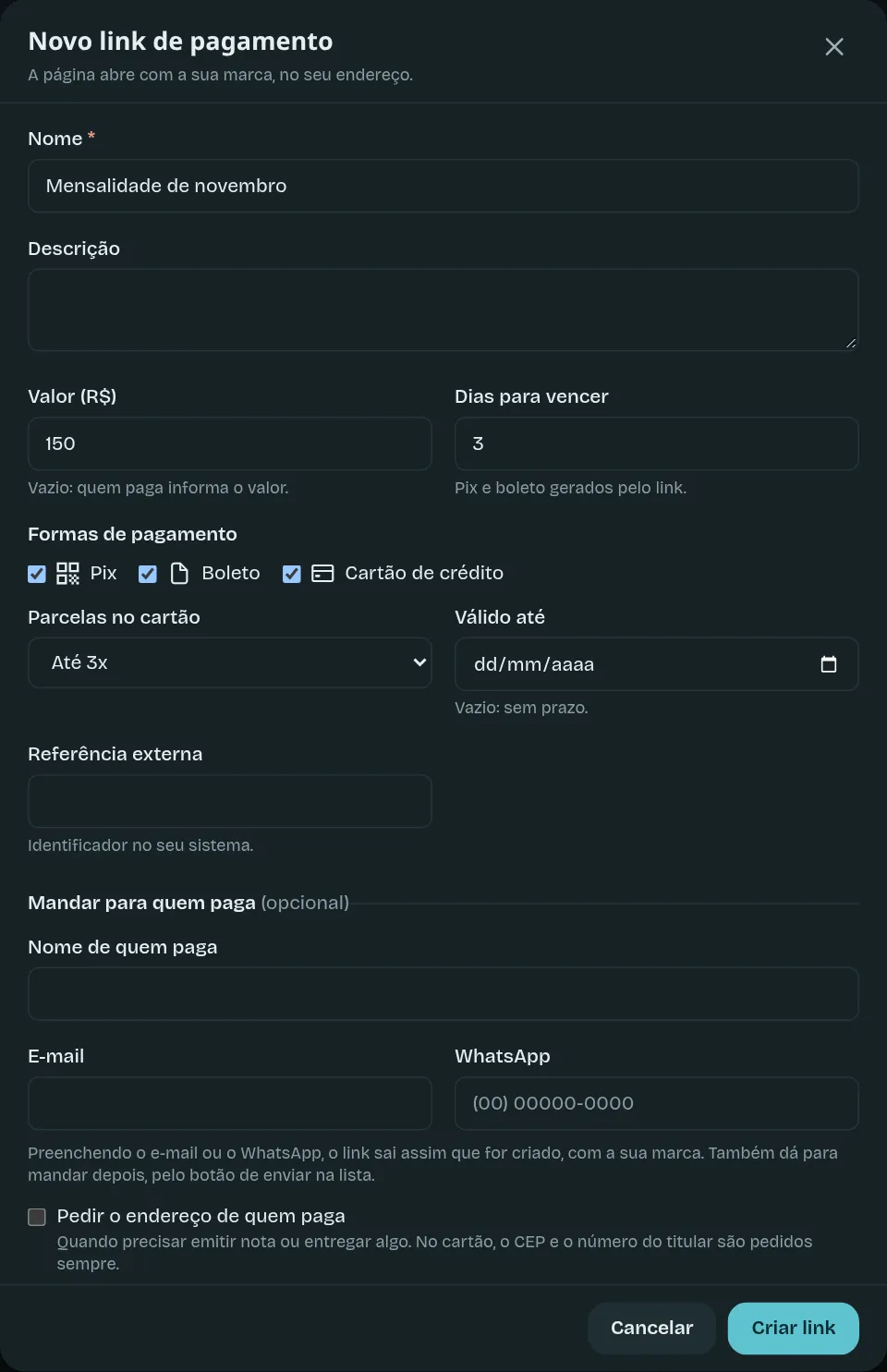 O formulário do novo link