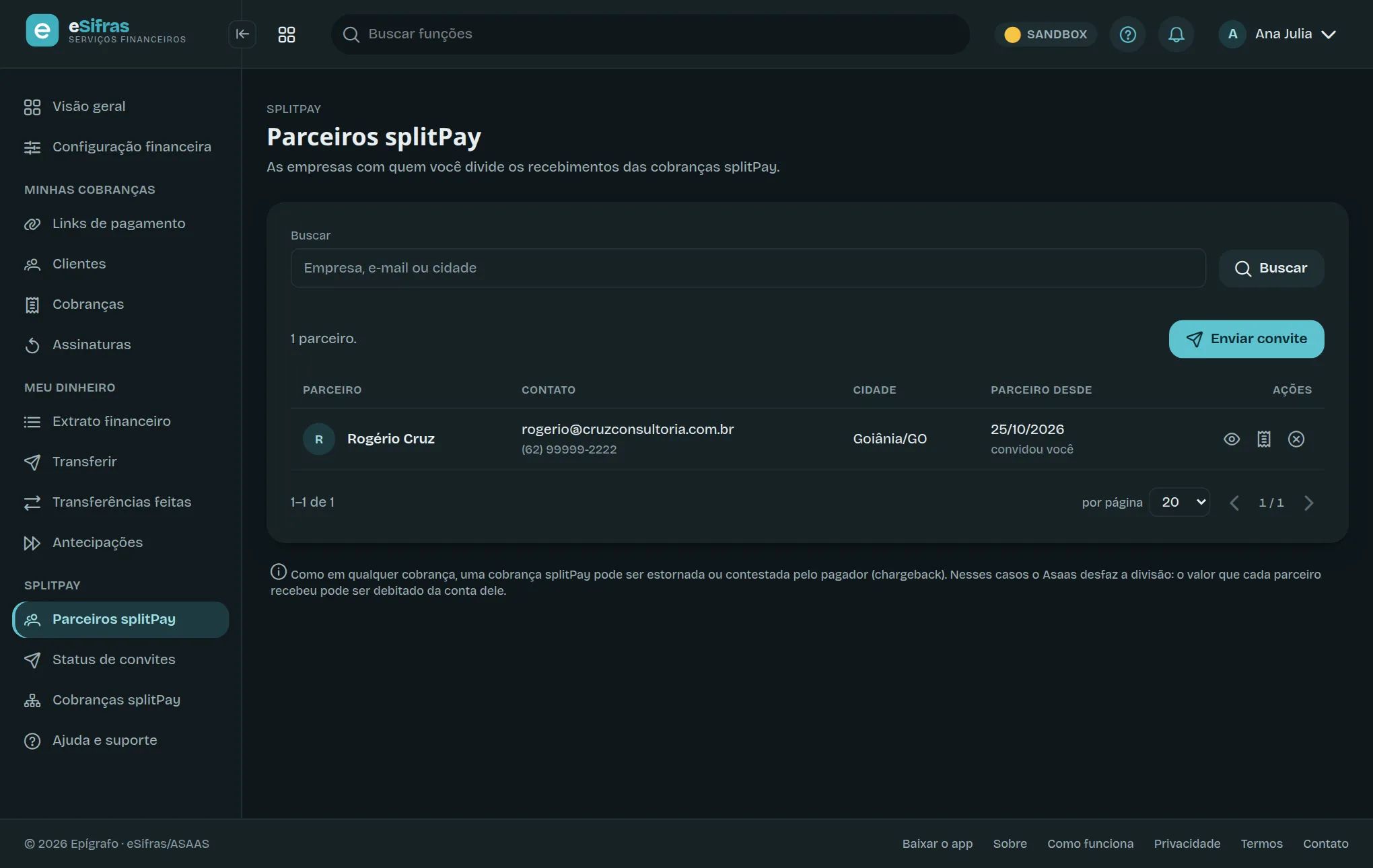 A tela Parceiros splitPay, com um parceiro na lista