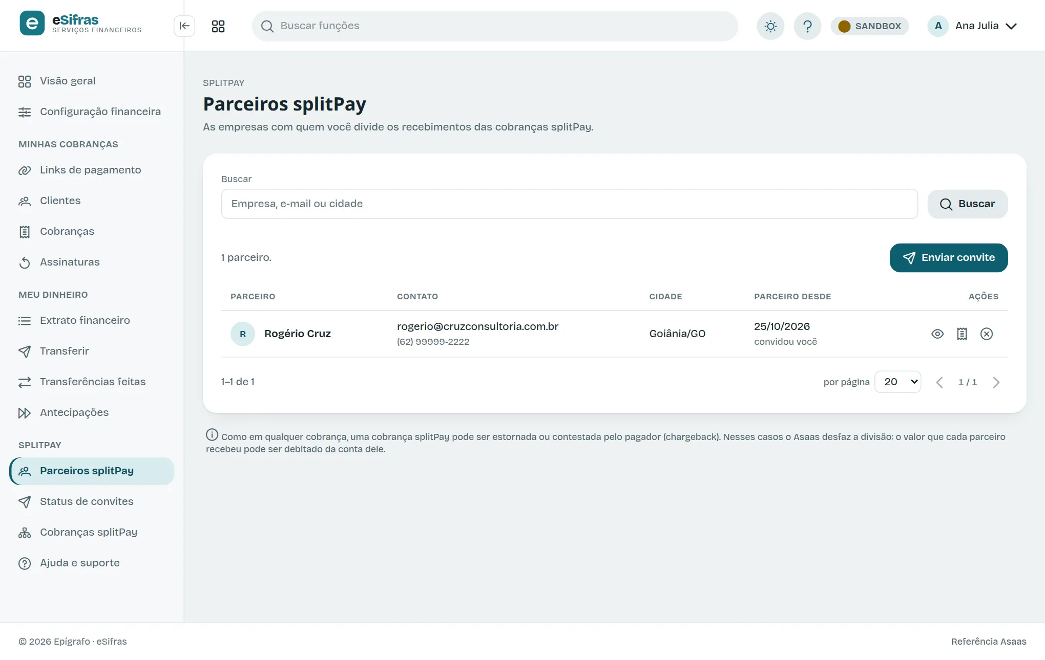 A tela Parceiros splitPay, com um parceiro na lista