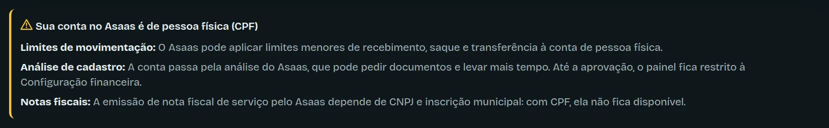 O aviso das restrições da conta de pessoa física