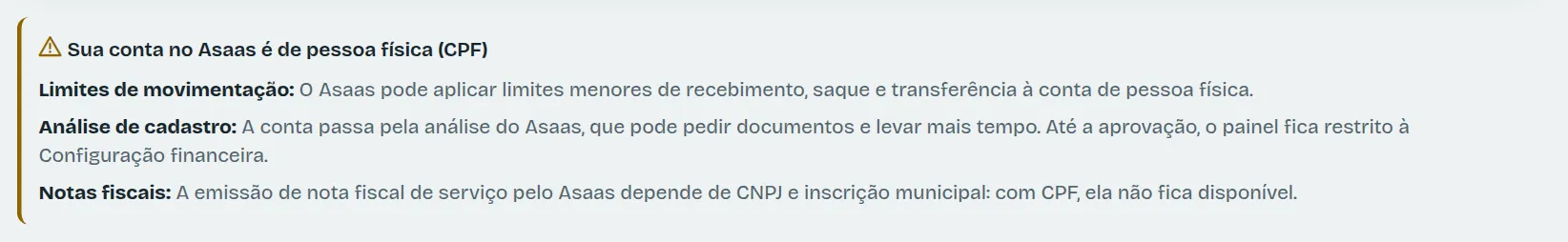 O aviso das restrições da conta de pessoa física