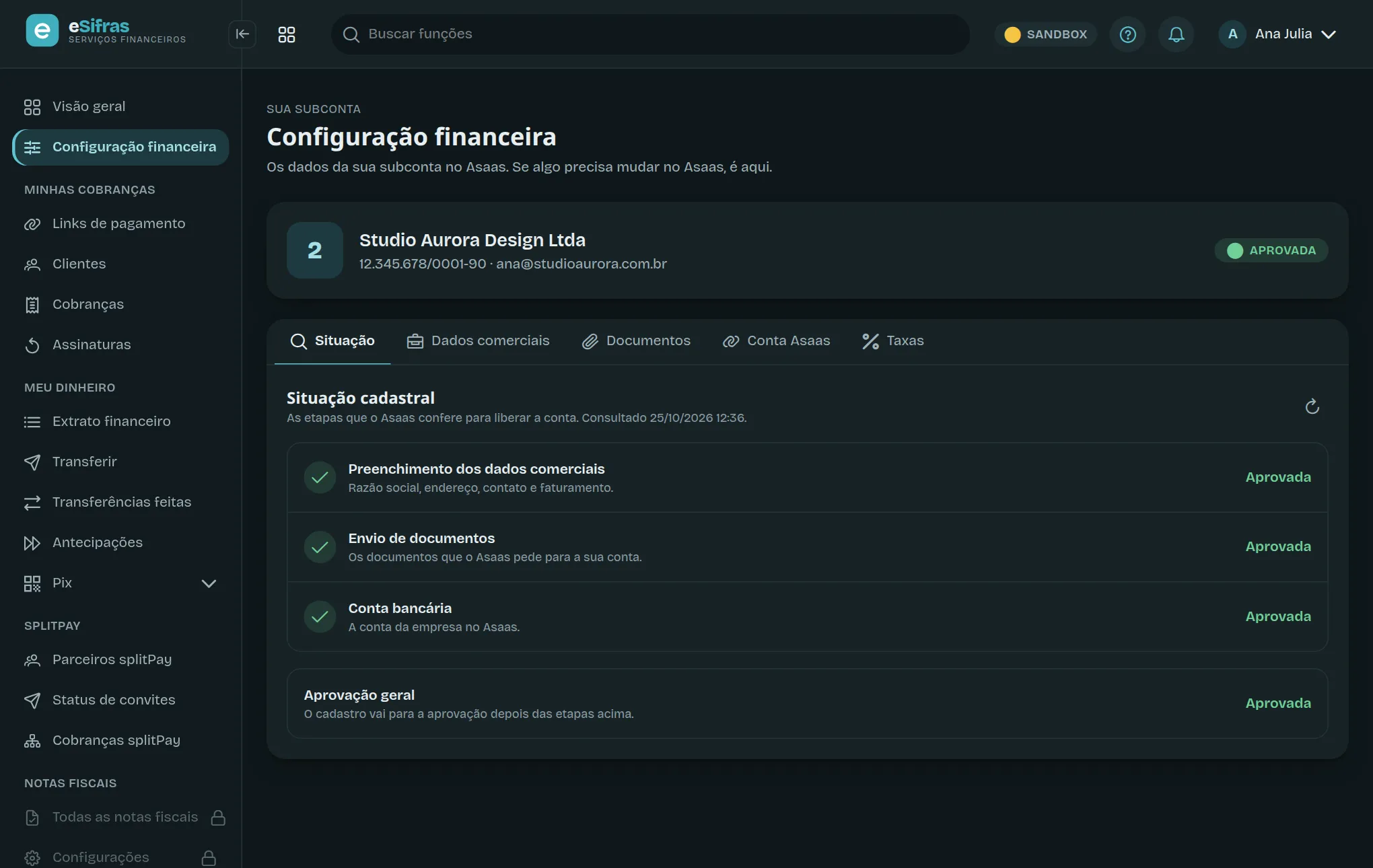 A aba Situação da Configuração financeira