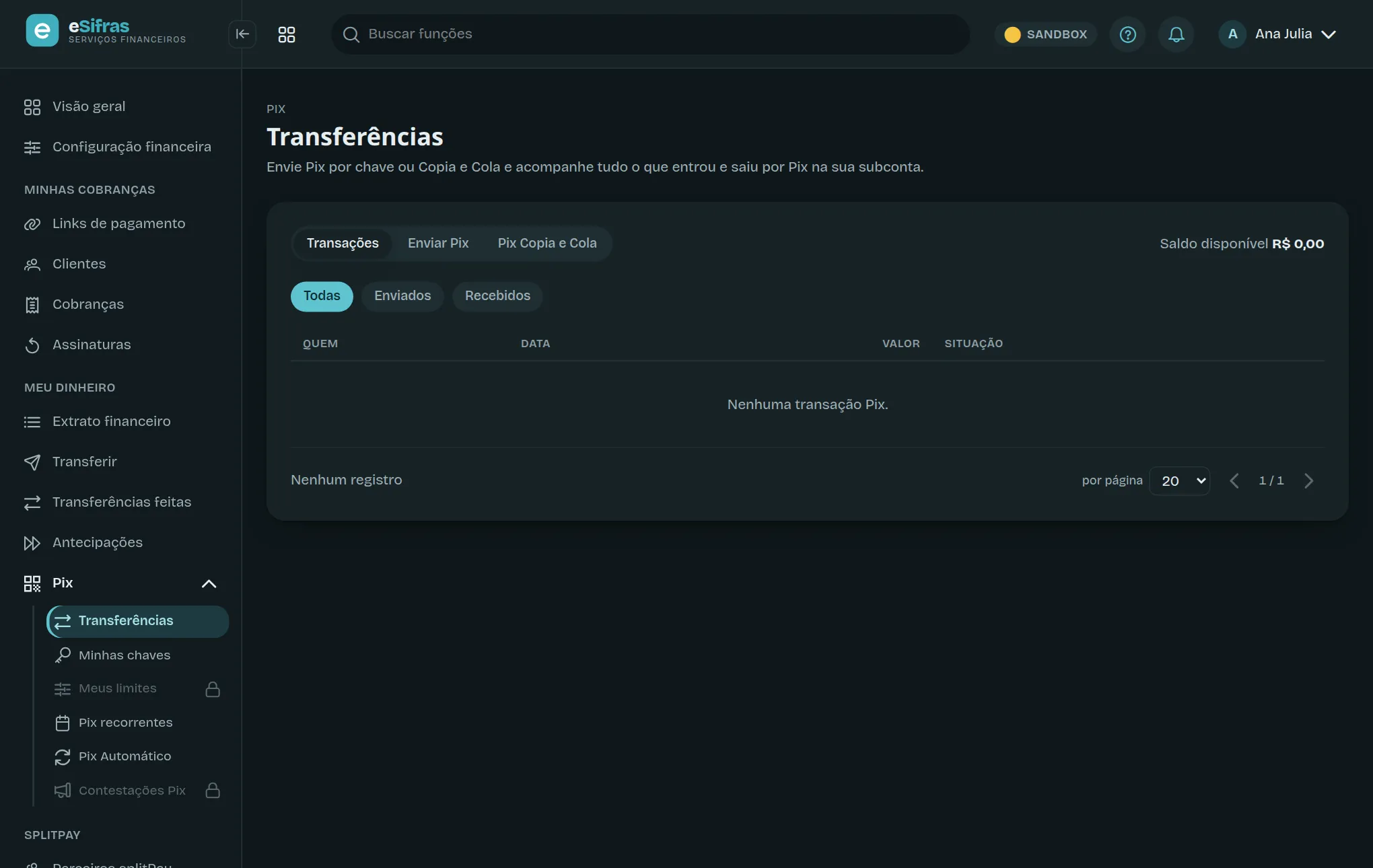 A aba Transações