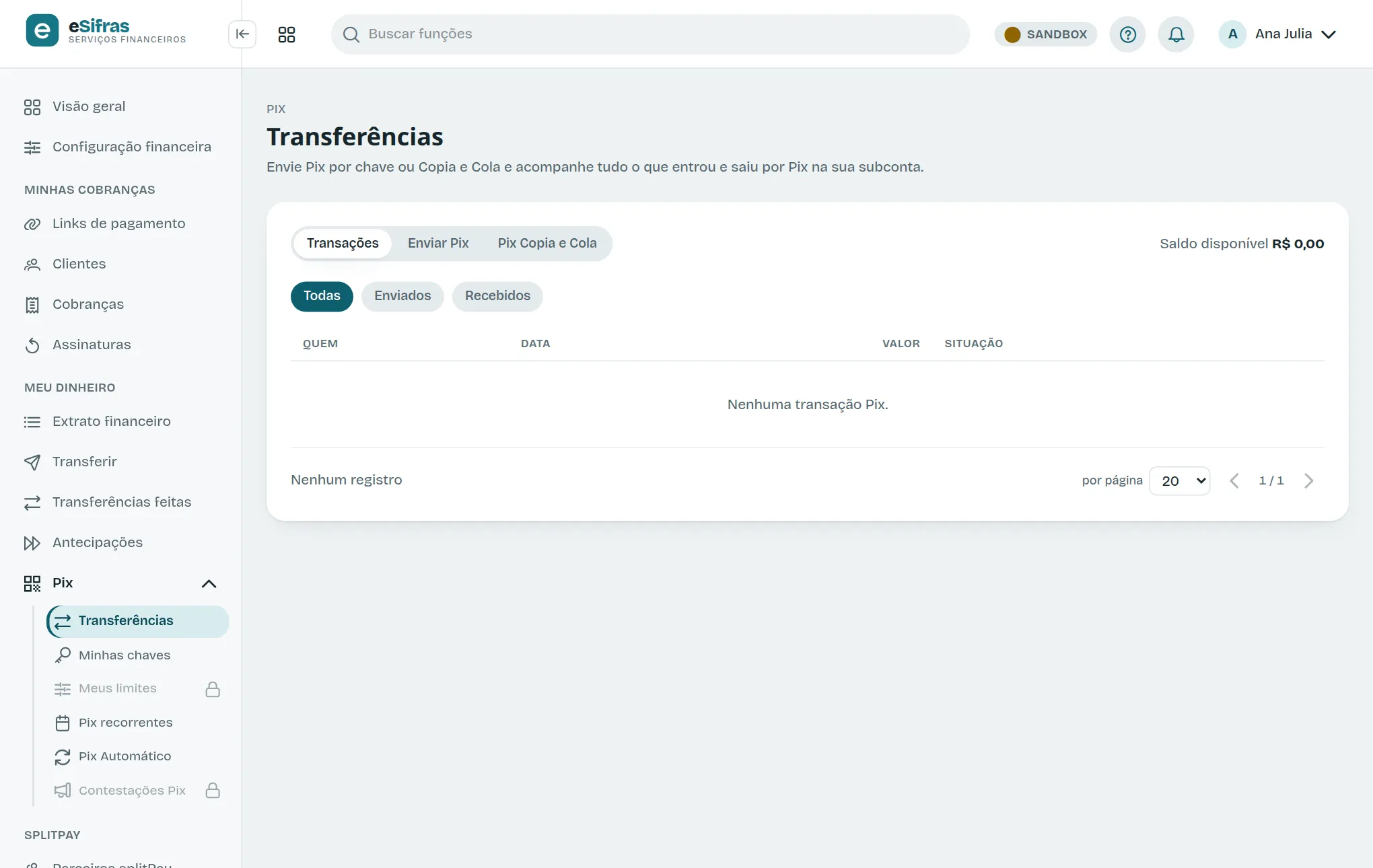 A aba Transações