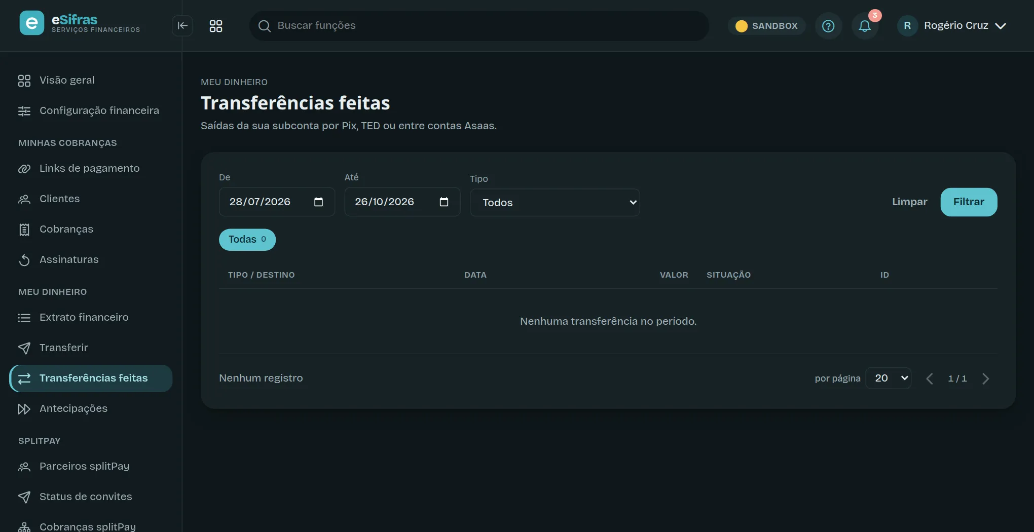 A lista de transferências feitas