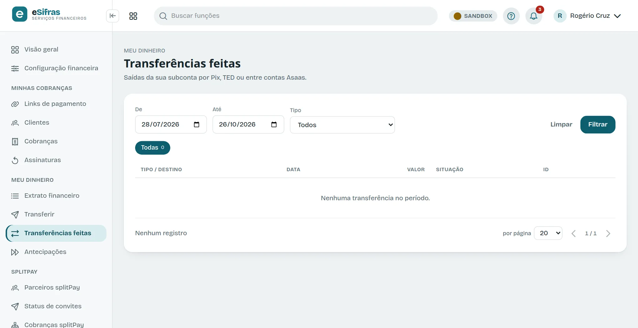 A lista de transferências feitas