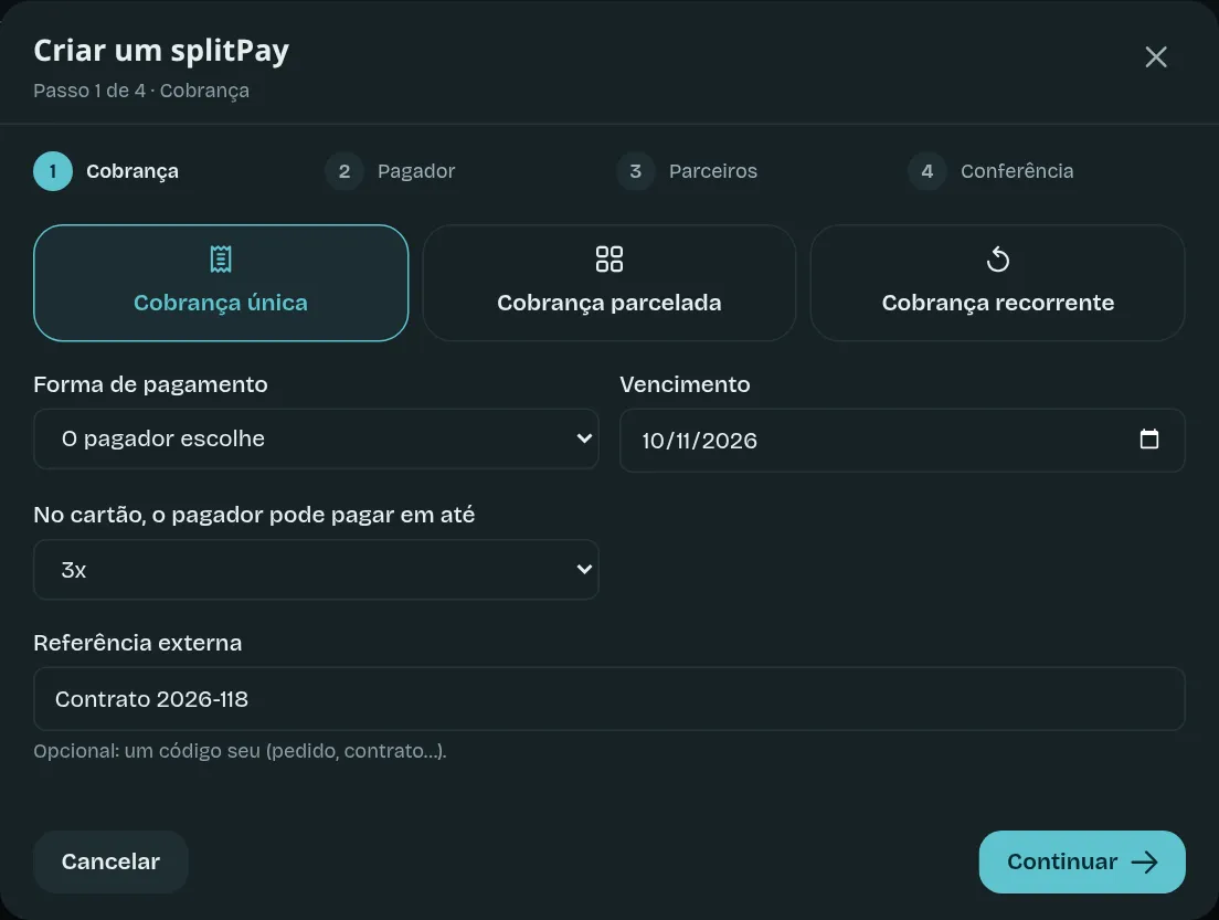 Passo 1: tipo, forma de pagamento, vencimento e referência