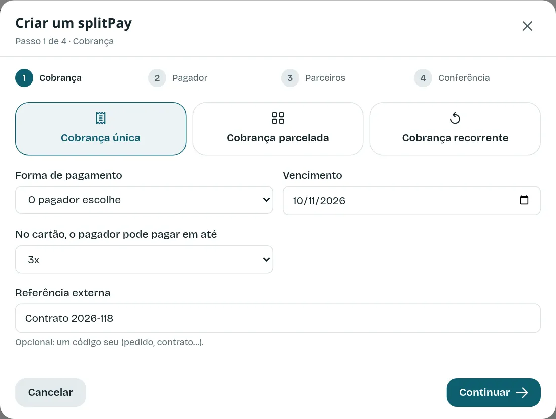 Passo 1: tipo, forma de pagamento, vencimento e referência