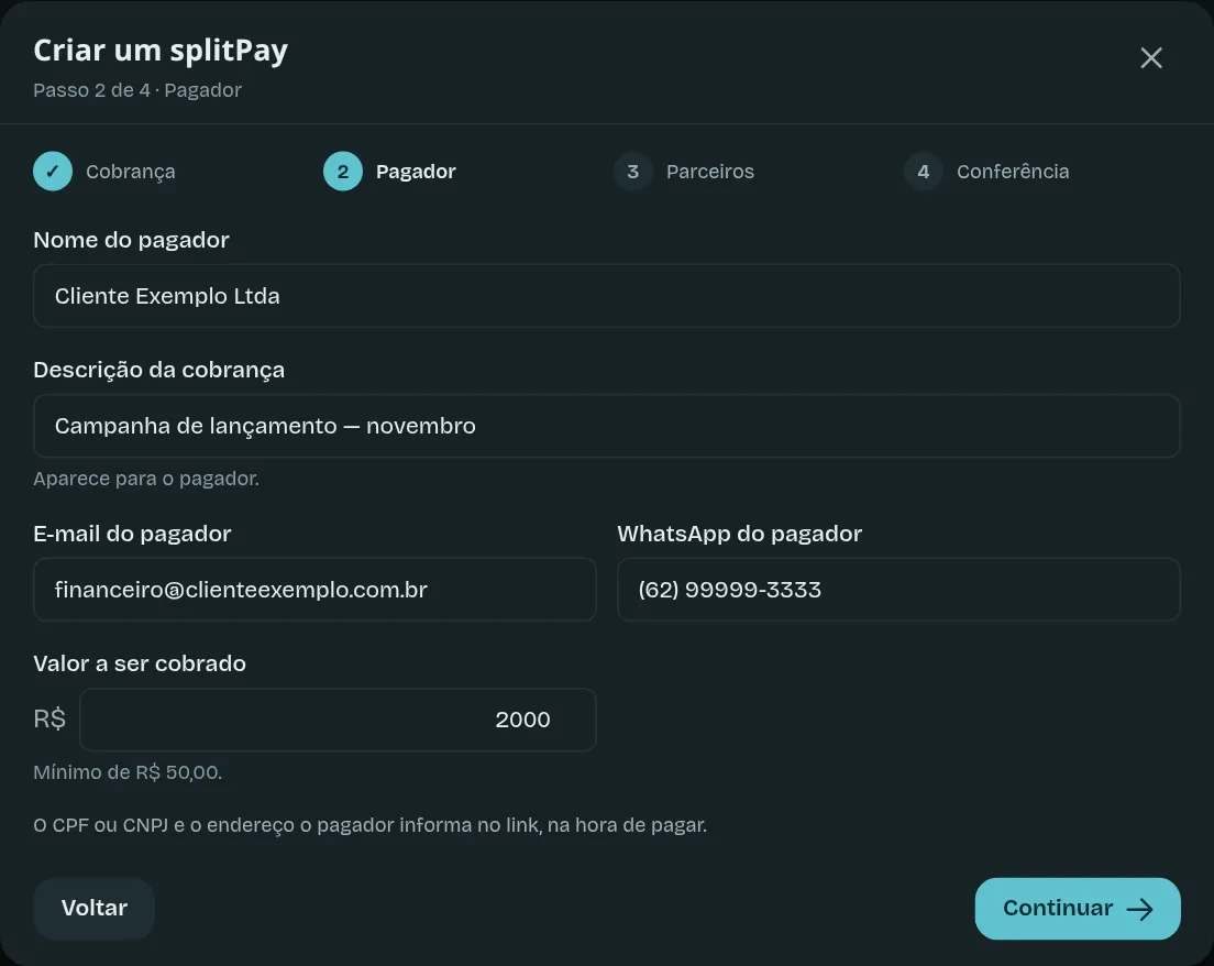 Passo 2: os dados do pagador e o valor
