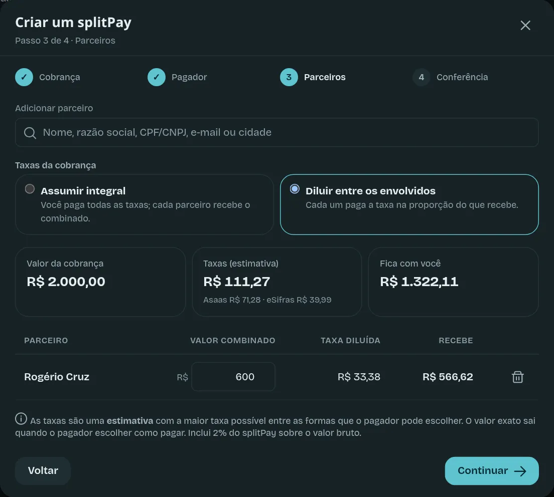 Passo 3 com um parceiro e as taxas diluídas